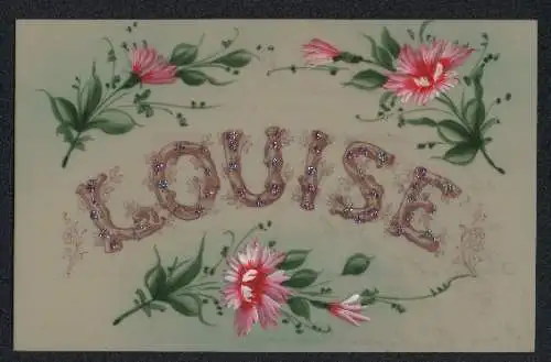 Zelluloid-AK Blühende Blumen mit Name Louise
