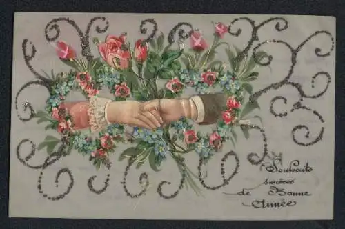 Zelluloid-AK Hände reichen sich vor Blumen