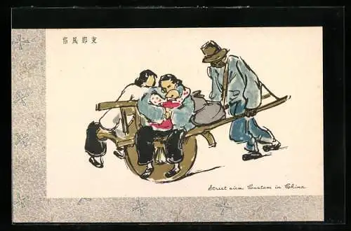 Künstler-AK Chinesische Frau mit Baby wird auf einem Karren chauffiert