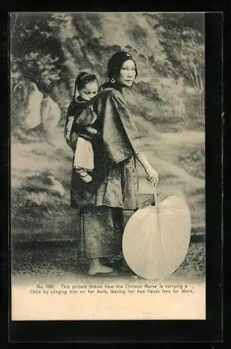 AK Chinese Nurse carrying a Child by slinging him on her back