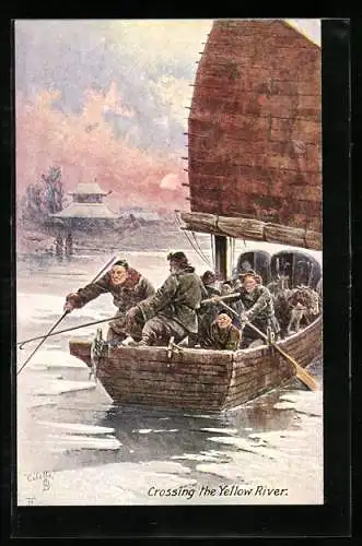 Künstler-AK Crossing the Yellow River, chinesische Soldaten im Ruderboot