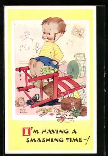 Künstler-AK Mabel Lucie Attwell: Kleiner Junge hat ein Chaos angerichtet, I`m having a smashing Time!