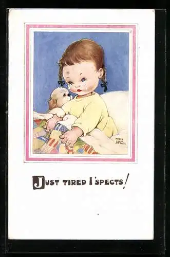 Künstler-AK Mabel Lucie Attwell: Kleiner Hund tröstet das weinende Mädchen im Bett