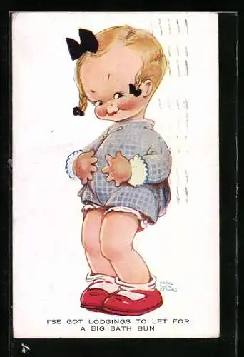 Künstler-AK Mabel Lucie Attwell: Kleines Mädchen mit kurzen geflochtenen Zöpfen und Schleifen im Haar
