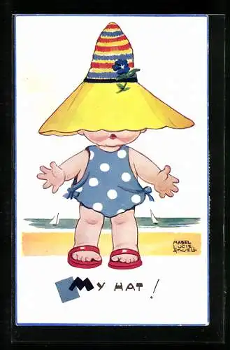 Künstler-AK Mabel Lucie Attwell: Mädchen im Badeanzug mit zu grossem Sonnenhut, My hat