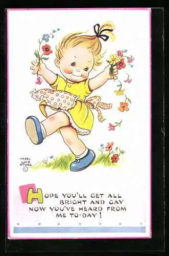 Künstler-AK Mabel Lucie Attwell: Fröhliches kleines Mädchen mit gepflückten Blumen