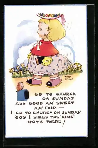 Künstler-AK Mabel Lucie Attwell: Kleines Mädchen mit ihrer Bibel auf dem Weg zur Kirche
