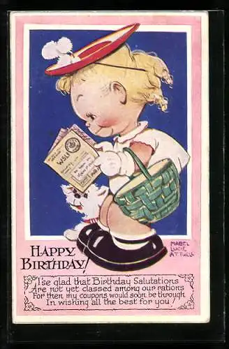 Künstler-AK Mabel Lucie Attwell: Kleines Mädchen mit einem Korb und einem Hund, Geburtstagskarte