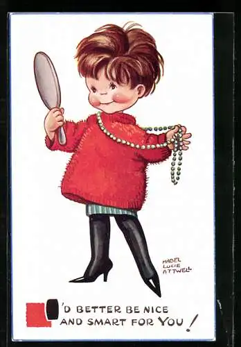 Künstler-AK Mabel Lucie Attwell: Kleines Mädchen kleidet sich stilvoll ein