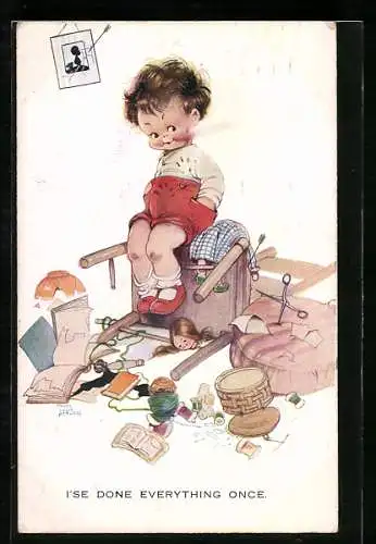 Künstler-AK Mabel Lucie Attwell: Kleines Kind sitzt in Mitten von Chaos