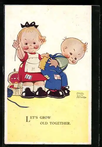 Künstler-AK Mabel Lucie Attwell: Mädchen flickt die Latzhose eines Jungen