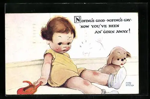 Künstler-AK Mabel Lucie Attwell: Kleines Mädchen und ihr Hund sitzen traurig in der Ecke