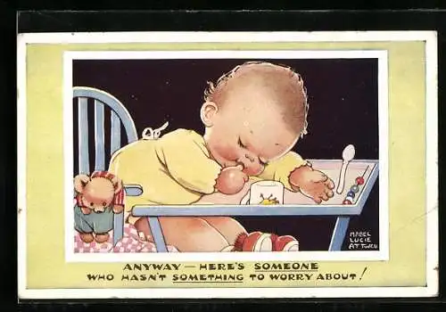 Künstler-AK Mabel Lucie Attwell: kleiner Junge lutscht am Daumen, Teddy