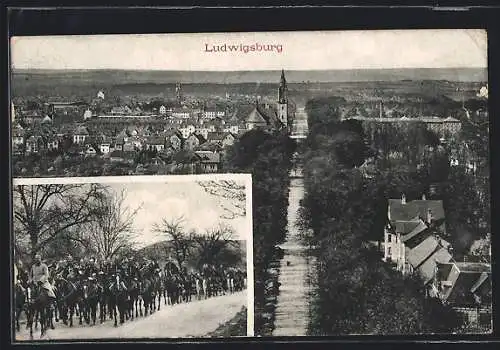 AK Ludwigsburg / Württ., Teilansicht, Soldaten in Uniformen auf Pferden
