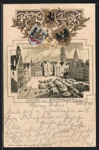 Passepartout-Lithographie Stuttgart, Marktplatz aus der Vogelschau, Wappen