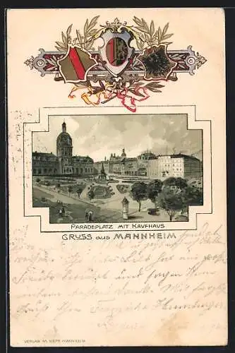 Passepartout-Lithographie Mannheim, Raradeplatz m. Kaufhaus, Wappen