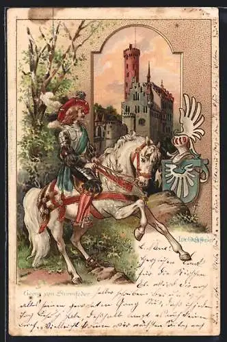 Passepartout-Lithographie Lichtenstein, Georg von Sturmfeder, Ritter hoch zu Ross, Wappen, Burg