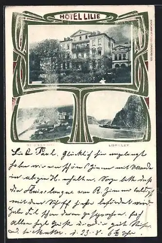 AK St. Goar a. Rh., Das Hotel Lilie, die Loreley