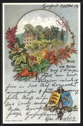 Passepartout-Lithographie Hirsau, Klosterruine von Herbstlaub gerahmt, Wappen