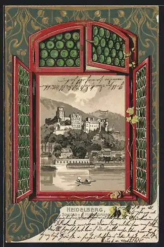 Passepartout-Lithographie Heidelberg, Schloss von der Hirschgasse aus, Blick durch ein Fenster