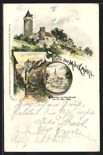 Lithographie Möckmühl, Ortsansicht, Burg