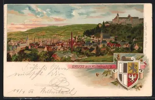 Lithographie Kulmbach i. B., Gesamtansicht mit der Burg, Wappen im Passepartout