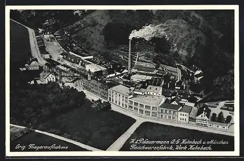 AK Kulmbach, Fliegeraufnahme von H. & P. Sauermann a.-G. Fleischwarenfabrik