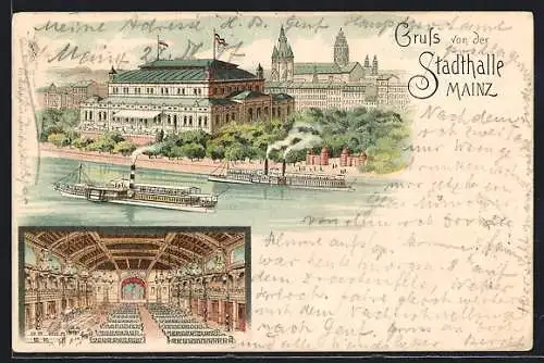 Lithographie Mainz, Die Stadthalle am Fluss mit Raddampfer, Innenansicht