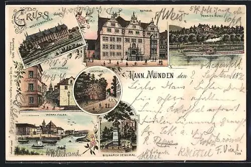 Lithographie Hann. Münden, Pension Tivoli, Welfenschloss, Rathaus, Lange Strasse, Oberthor, Bismarck-Denkmal