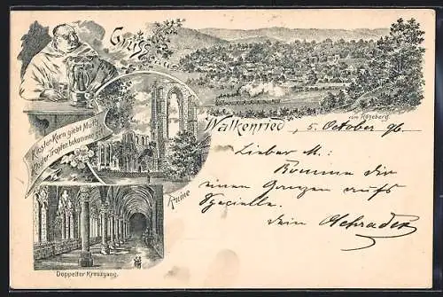 Lithographie Walkenried, Klosterruine, Doppelter Kreuzgang, Ortsansicht vom Röseberg