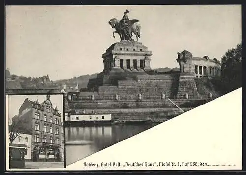 AK Koblenz, Denkmal Kaiser Wilhelm I., Hotel-Restaurant Deutsches Haus, Moselstr. 1