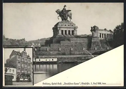AK Koblenz, Hotel-Restaurant Deutsches Haus, Moselstr. 1, Denkmal Kaiser Wilhelm I.