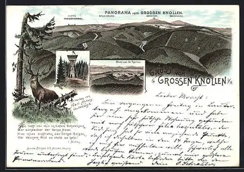 Lithographie Grosser Knollen i / H., Panorama mit Acker Hanskühnenburg, Bruchberg und Brocken, Knollenturm, Ortspartie