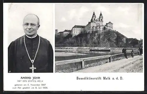 AK Melk a. d. D., Teich gegen Benediktinerstift, Portrait vom Abt Aman John