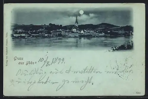 Mondschein-AK Ybbs, Uferpartie mit Kirche