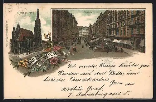 Lithographie Wien, Stefanskirche, Graben mit Geschäft und Denkmal