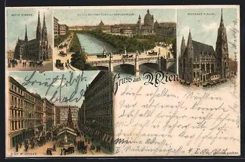 Lithographie Wien, Graben, Votiv-Kirche, Elisabethbrücke mit Karlskirche, Stephans-Kirche, Am Graben