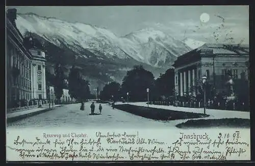 Mondschein-AK Innsbruck, Strasse Rennweg und Theater