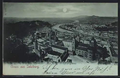 Mondschein-AK Salzburg, Teilansicht mit Kirche