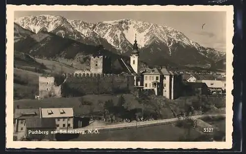 AK Puchberg am Schneeberg, Teilansicht mit Burgruine vor Bergpanorama