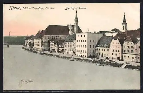 AK Steyr /Ob.-Ö., Ennsfluss mit Stadtpfarrkirche