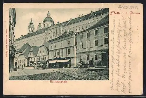 AK Melk a. d. Donau, Kutschen auf dem Rathausplatz