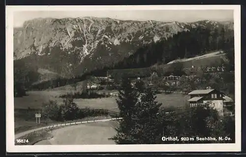 AK Orthof /N. Ö., Ortsansicht vor Bergpanorama