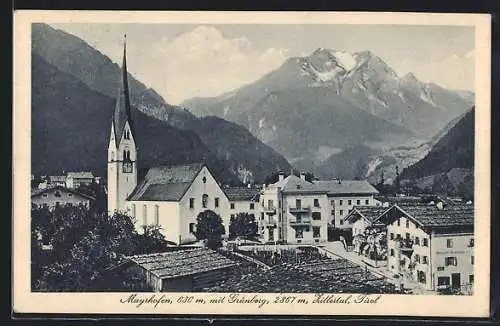 AK Mayrhofen /Zillertal, Ortspartie mit Kirche und Grünberg