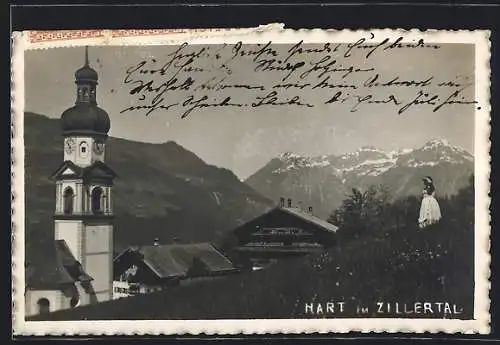 AK Hart im Zillertal, Kirchturm vor Bergpanorama