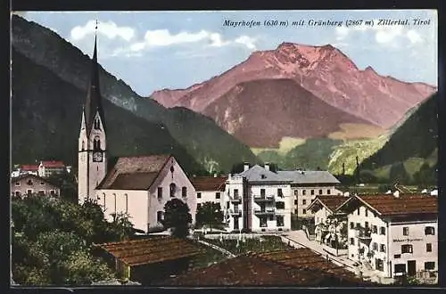 AK Mayrhofen /Zillertal, Ortspartie mit Kirche & Grünberg