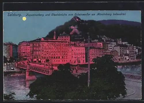AK Salzburg, Kapuzinerberg und Staatsbrücke, vom Scheinwerfer am Mönchsberg beleuchtet, Vollmond