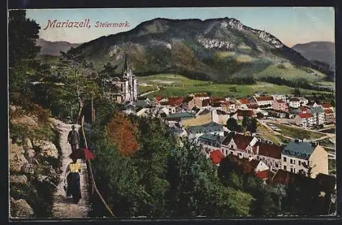AK Mariazell /Steiermark, Teilansicht mit Wanderweg und Bergblick