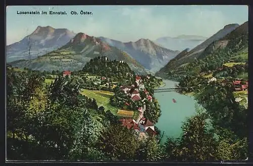 AK Losenstein im Ennstal, Ortsansicht mit Bergen aus der Vogelschau