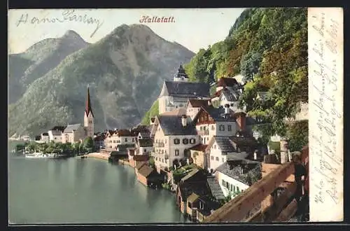 AK Hallstatt, Ortsansicht mit See und Gipfelblick